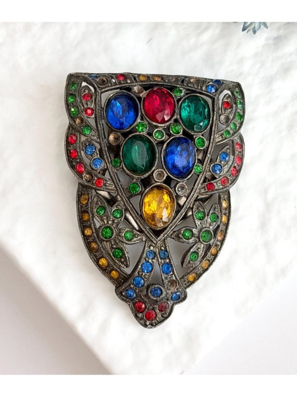 Triangular Art Deco Fruit Salad Rhinestone Antique Vintage Dress Clip | Fur Clip